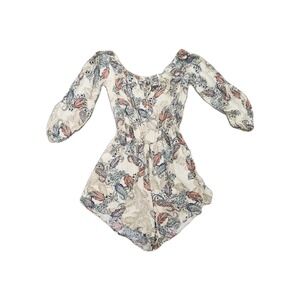 Lush Paisley Boho Long‎ Sleeve Romper Small Beige Red Blue Rayon Festival